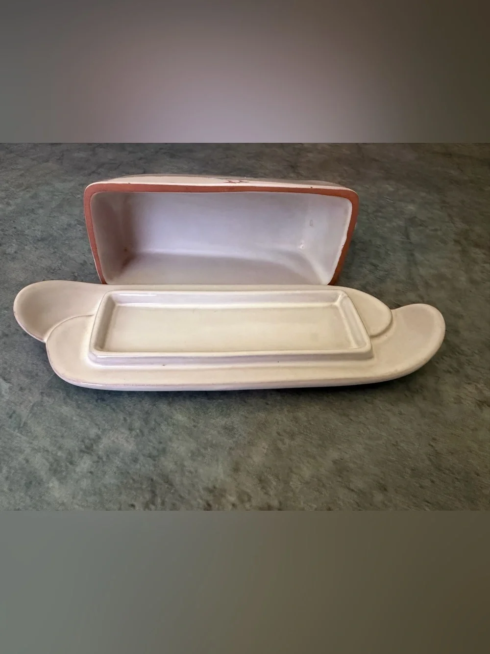 Frankoma White Ceramic Butter Dish with Duck Motif and Blue Bow